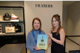 Blackpool Civic Trust chair Joan Humble presents the Transforming Blackpool Award to Chantelle Audin ( manager of Sports Direct & Frasers)
