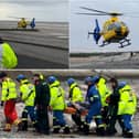 An air ambulance landed on Rossall Beach to help an injured person. 