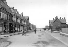 Victoria Road, Cleveleys, Lancashire, 1890-1910. A street view of Cleveleys looking west with shops and a bank to the left of the photograph and people on the road