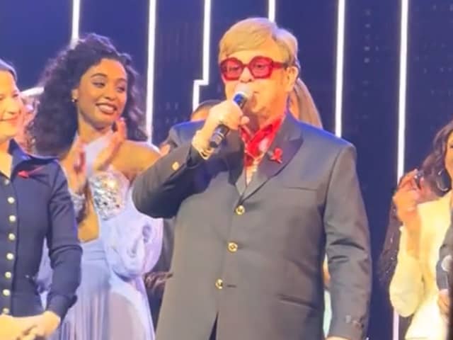 Elton John speaks at a gala performance of The Devil Wears Prada musical.