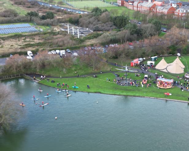 Aerial view of Fairhaven lake in Lytham St Annes.