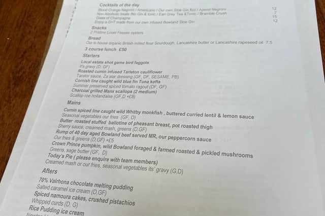 The seasonal menu at the Parkers Arms