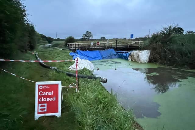 A section of the Lancaster Canal closed near the swing bridge at Moons Bridge Marina, Woodplumpton