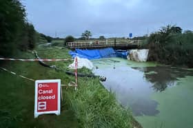 A section of the Lancaster Canal closed near the swing bridge at Moons Bridge Marina, Woodplumpton