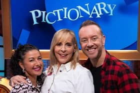 L to R: Hayley Tamaddon, Mel Giedroyc and Dan Whiston on the set of Pictionary. Credit: @hayleysoraya on Instagram
