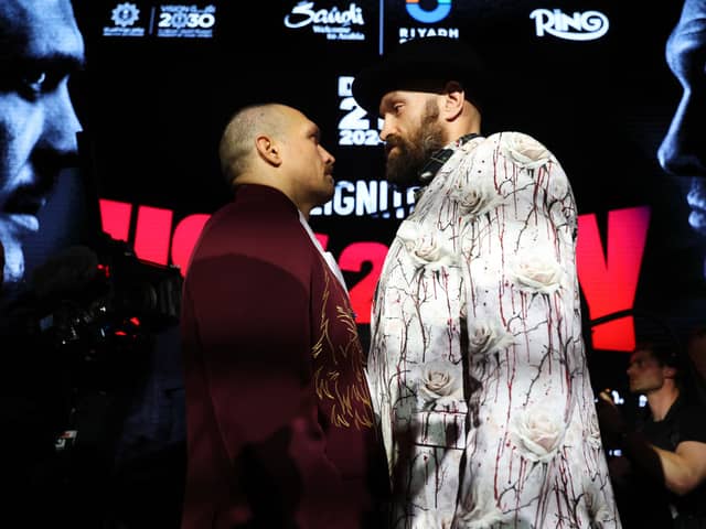 Tyson Fury (R) and Oleksandr Usyk face off ahead of their IBF, IBO, WBA, WBC and WBO Undisputed World Heavyweight Title fight this weekend. Credit: Richard Pelham/Getty Images