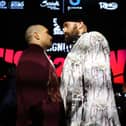 Tyson Fury (R) and Oleksandr Usyk face off ahead of their IBF, IBO, WBA, WBC and WBO Undisputed World Heavyweight Title fight this weekend. Credit: Richard Pelham/Getty Images
