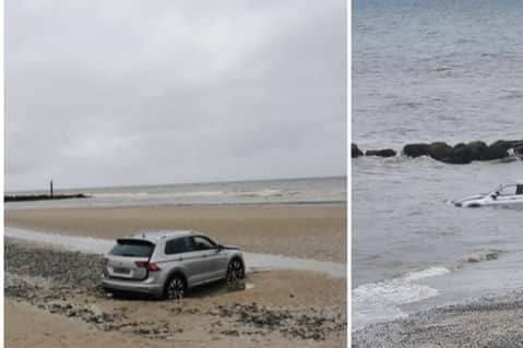 A Volkswagen was lost to the sea after being stranded on the beach in Cleveleys today. The Tiguan Allspace SUV - which costs around £35,000 new - was found abandoned and stuck in the sand. It appeared to be in good condition but was without its registration plates, leading some to question whether it had been stolen. 