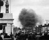 View from Blackpool Promenade as smoke rises over Central Station after an air crash 27th August 1941
The aircraft involved were a Bolton Paul Defiant from 256 Sqdn with a New Zealand crew and a Blackburn Botha from No.3 School of General Reconnaissance Coastal Command.