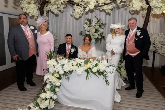 Katrina Armstrong and Michael Lazarus-Bhatti are pictured with their parents- on the far left is Freddie Flintoff's business partner Tony Bhatti whilst the woman in white is designer Thelma Madine.