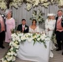 Katrina Armstrong and Michael Lazarus-Bhatti are pictured with their parents- on the far left is Freddie Flintoff's business partner Tony Bhatti whilst the woman in white is designer Thelma Madine.