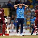 Jamie Overton of England reacts after bowling during the 3rd One Day International between the West Indies and England at Kensington Oval on November 06, 2024 in Bridgetown, Barbados.