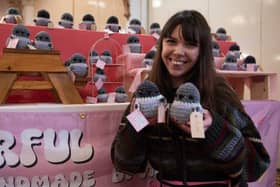 Meagan Todd, aka Colourful Crochet by Mae with her adorable pigeon teddies