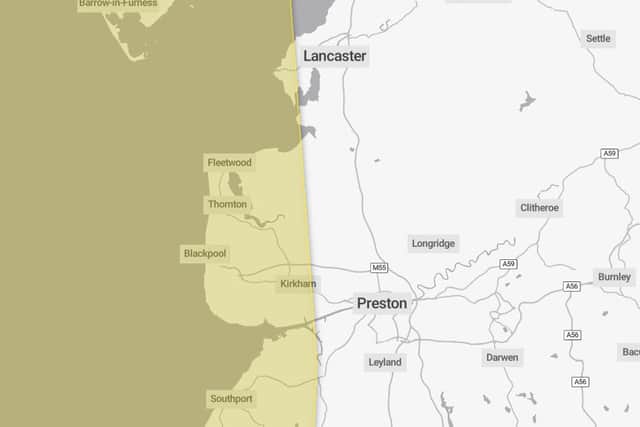 The alert covers Blackpool, Fleetwood, Thornton, Cleveleys, Lytham, St Annes, Kirkham, Knott End and Heysham