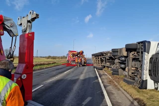 Police were called to the scene in Fleetwood where the HGV was found on its side near Farmer Parr’s shortly after 10am on Friday