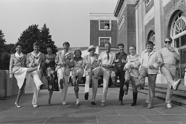 The cast of "Hi-de-Hi!" in 1984; including Ruth Madoc, Simon Cadell, Su Pollard, Paul Shane. (Photo by Chris Wood/Daily Express/Hulton Archive/Getty Images)