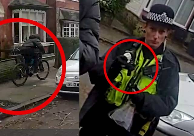 Man with a knife is chased down by police officer on a bike.