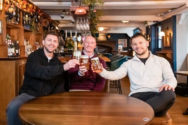 Ryan Wilson, Gareth Thomas and Danny Care in The Barmy Arms Greene King pub