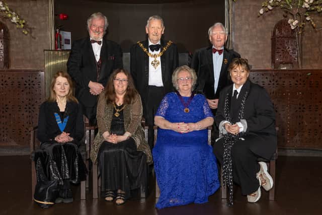 Blackpool Civic Trust 50th anniversary dinner; (front) Joan Humble (chairman), Mayoress Anne-marie Hunter, Elaine Smith (president), Amanda Thompson (patron) and back, Martin Gunson, Mayor Coun Peter Hunter and David Owen.