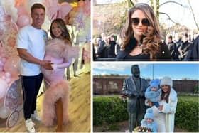 Left: Charlotte Dawson and fiance Matt Sarsfield at their baby shower. Top right: Charlottte at Linda Nolan's funeral. Right: Charlotte and her two sons by her dad's memorial statue
