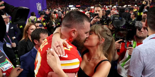 Will Travis Kelce propose to Taylor Swift during Superbowl Halftime? : Travis Kelce #87 of the Kansas City Chiefs and Taylor Swift embrace after defeating the San Francisco 49ers in overtime during Super Bowl LVIII at Allegiant Stadium on February 11, 2024 in Las Vegas, Nevada. Photo: Ezra Shaw/Getty Images