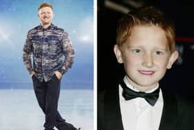 Left: Sam Aston poses for Dancing on Ice in 2025. Right: Sam in 2004.