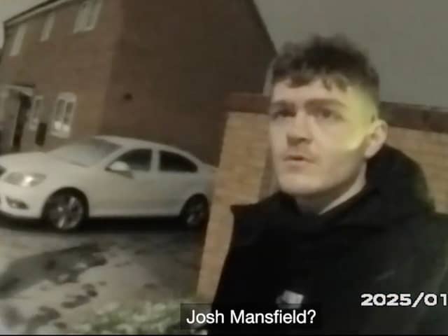 South Yorkshire Police arrest car thief Josh Mansfield after tracking his footsteps through the snow to a garden in  Doncaster, South Yorks. 
