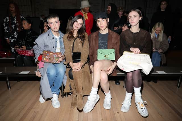 NEW YORK, NEW YORK - FEBRUARY 10: (L-R) Cole Escola, Emily Ratajkowski, Tommy Dorfman and Ella Emhoff attend the front row for the Coach fashion show during February 2025 New York Fashion Week on February 10, 2025 in New York City. (Photo by Dimitrios Kambouris/Getty Images)