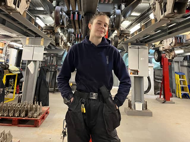 Laura Johnston, apprentice engineer at Pleasure Beach Resort, pictured in a workshop underneath Icon