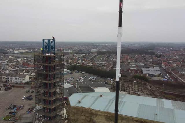 A 200ft cylinder was successfully craned into position on Blackpool Pleasure Beach Resort's re-imagined Launch Pad ride