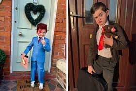 L: Ziggy age 5 as David Bowie. R: Louie age 7 as Mr Bean