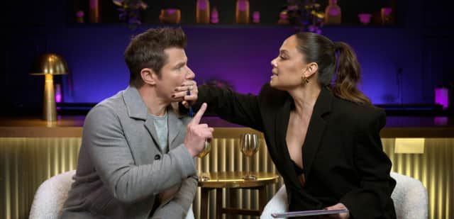 Hosts Nick and Vanessa Lachey during the Love Is Blind season 8 reunion. Photo by Netflix.