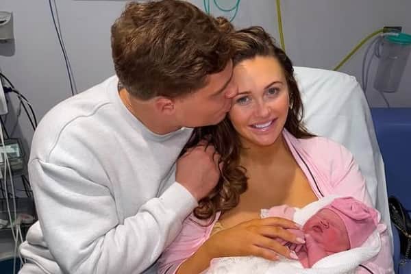 Charlotte Dawson with fiance Matt Sarsfield and their newborn daughter Gigi. Credit: @charlottedawsy on Instagram