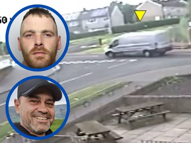 Ross (pictured top inset) was found guilty of murder after  purposely crashing into a parked car to kill Claudiu-Carol Kondor (pictured bottom inset) who was hanging onto the door of his own van to prevent it from being stolen. 
