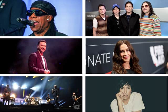 All the Lytham Festival headliners (top left clockwise): Stevie Wonder, Kings of Leon, Alanis Morissette, Texas, Simple Minds and Justin Timberlake