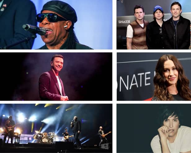 All the Lytham Festival headliners (top left clockwise): Stevie Wonder, Kings of Leon, Alanis Morissette, Texas, Simple Minds and Justin Timberlake