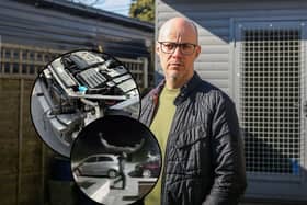 Jeremy Merckel and CCTV footage showing perpetrator who stripped his car near his home in Sutton Coldfield. 