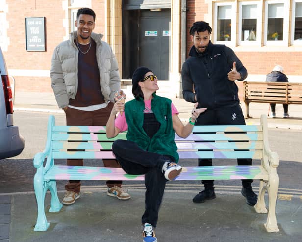 From left Will Panter, Sam Bell Docherty and James Panter from House of Wingz with one of the painted benches in Waterloo Road in Blackpool