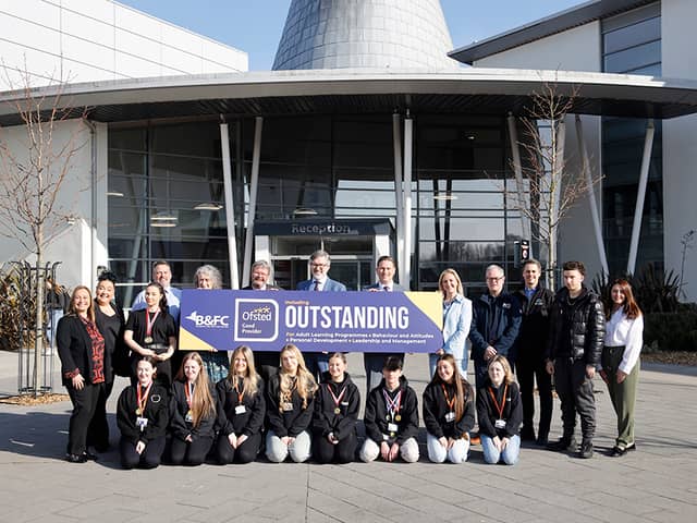 B&FC’s Executive Team outside Bispham campus reception today (March 20, 2025) with a group learners who have just won TLC Skills Competitions, plus three of our employer partners: Chris Fleet (Air Frame Design), Dane Hyland (Flyde ARC) and Emma Guthrie (Addison Project). 