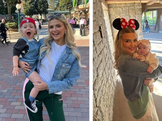 Coronation Street actress Lucy Fallon with her children Sonny and Nancy at Disneyland Paris.