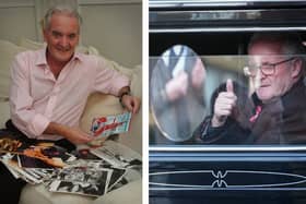 L: Brian Nolan pictured in his Blackpool home in 2023. R: At his sister Linda's funeral earlier this year.