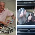 L: Brian Nolan pictured in his Blackpool home in 2023. R: At his sister Linda's funeral earlier this year.