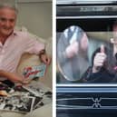 L: Brian Nolan pictured in his Blackpool home in 2023. R: At his sister Linda's funeral earlier this year.
