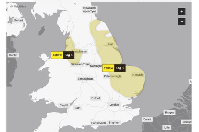 Fog warnings in England today