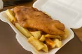 Regular Fish and Chips with curry sauce - Yorkshire Fisheries Blackpool.