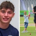 Left: Corey Flintoff pictured signing his contract with Kent (credit Kent Cricket). Right: with his dad Freddie Flintoff in 2013 (credit Getty)