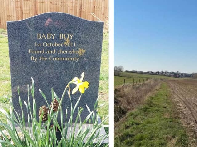 L: The baby boy's grave. R: Where he was tragically found, in a brook running through a farmer's field in Kirkham.