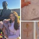 L: Charlotte Dawson and daughter Gigi with Les Dawson's statue. Right: some of the decorations in Gigi's nursery.