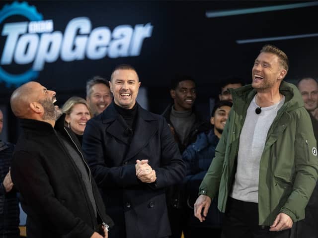 Paddy McGuinness (centre) with his former Top Gear colleagues Chris Harris (left) and Freddie Flintoff (right).