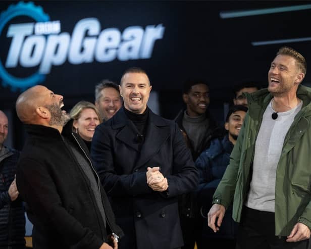 Paddy McGuinness (centre) with his former Top Gear colleagues Chris Harris (left) and Freddie Flintoff (right).